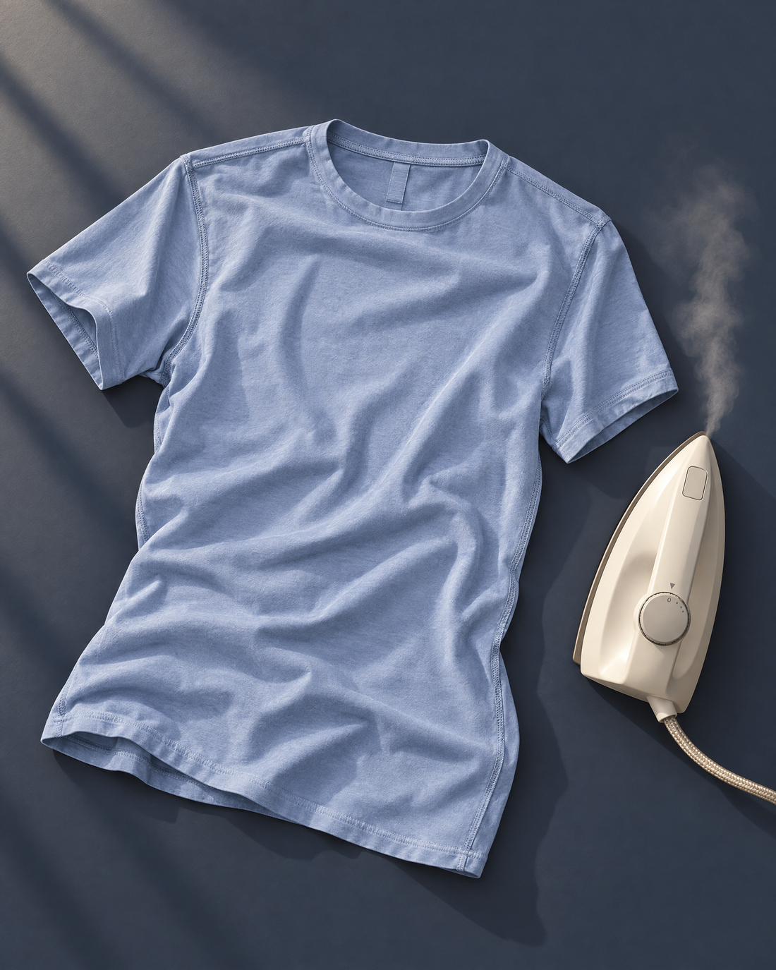 Remera celeste del revés con plancha a temperatura baja