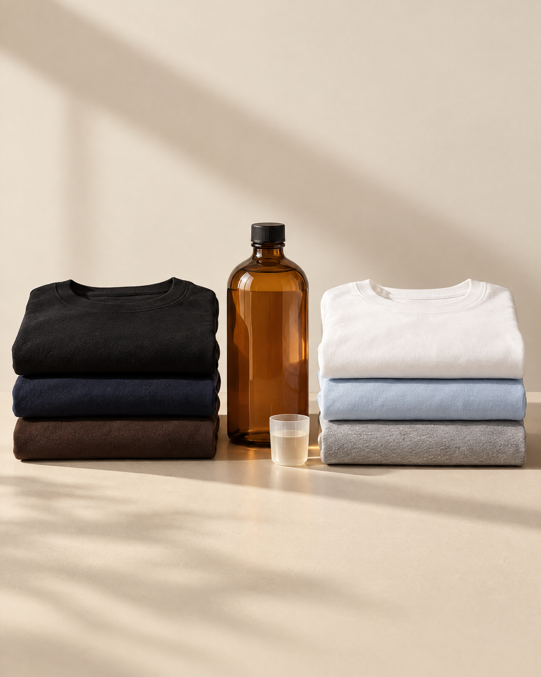 Remeras oscuras y claras separadas con jabón líquido