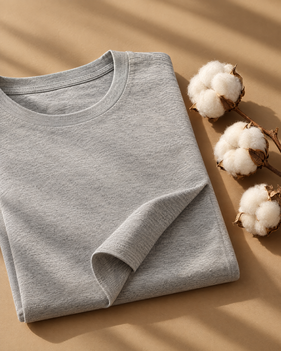Remera Pima Blend gris melange junto a flores de algodón